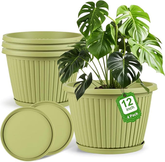 12-inch-Planters-for-Outdoor-Plantï¼Plastic Indoor Flower Pots with Drainage Holes & Saucerï¼4 Packs Decorative Garden Pots for Plantfor Home Porch Decor