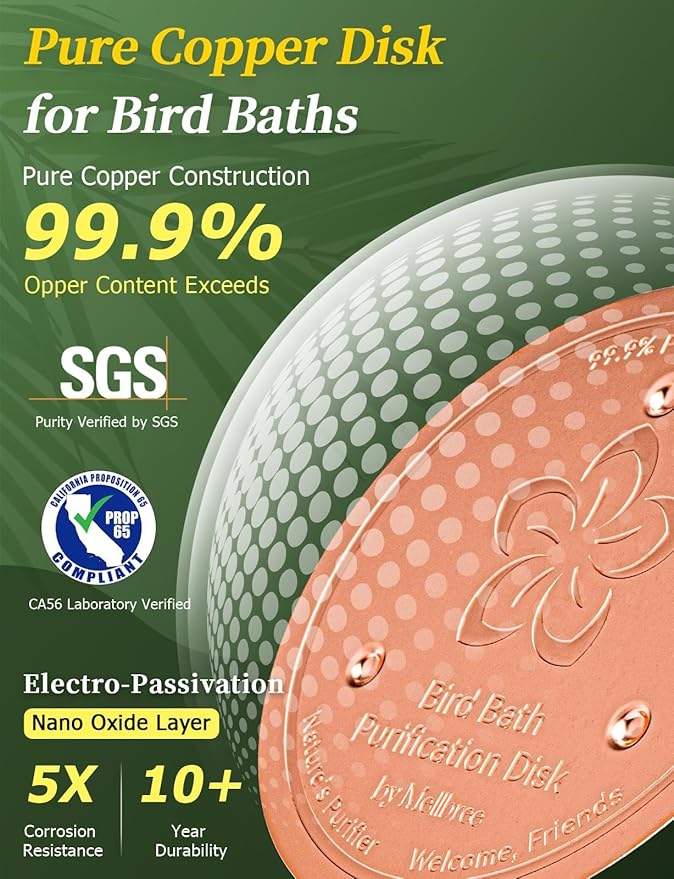 Mellbree 4-Pack Bird Bath Copper Disc, 0.6mm Reinforced 99.99% Pure Copper Cleaning Disk with Triple-Point Support for Physical Safe Clean Water All-Season (Flower)