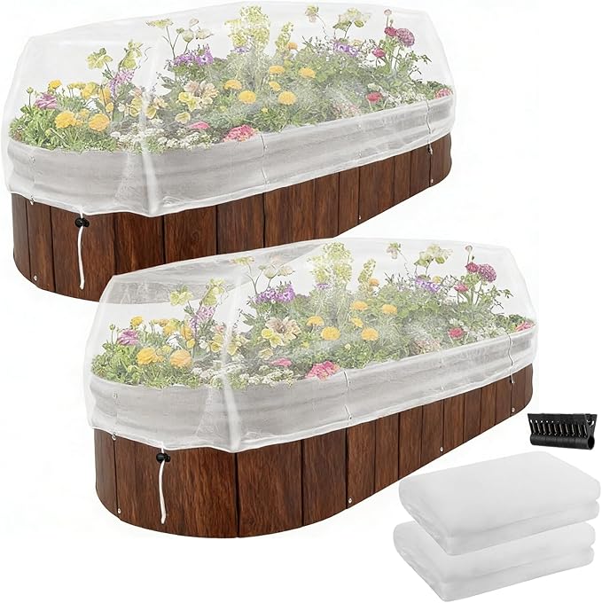 2 Pack Garden Netting for Raised Beds, Rectangular Raised Garden Bed Cover, HDPE Mesh Plant Cover with Drawstring, Protect Vegetables Fruits Strawberries, 55.1Ã27.6Ã27.6in