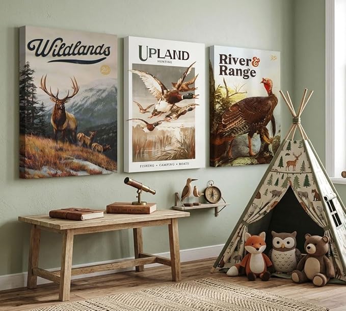 3Pcs Wild Animal Canvas Wall Art Hunting Outdoorsy Wall Decor Pictures Nature Wilderness Deer Wild Duckturkey Posters Prints Gift for Hunter Dad for Living Room Bedroom Decoration Prepare to hang