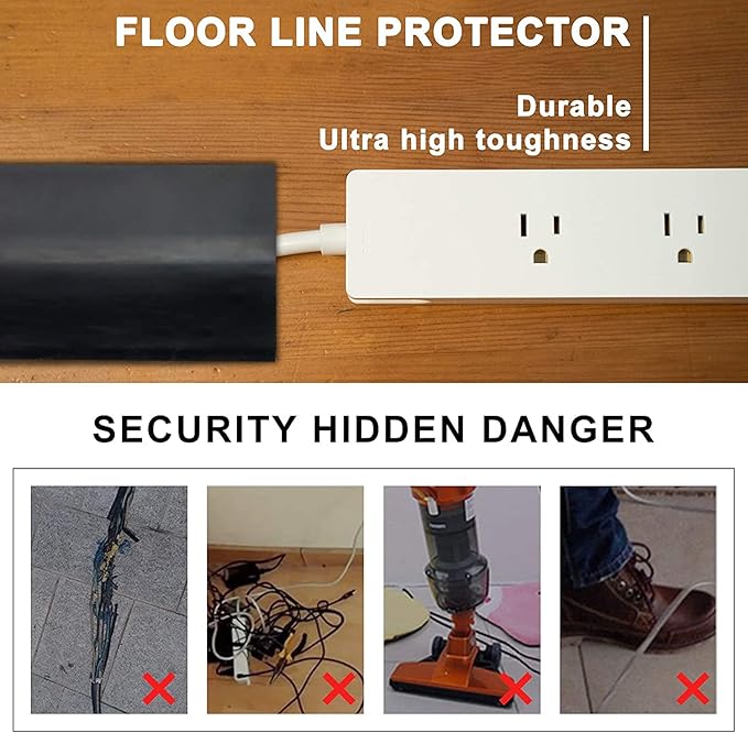 10Ft Floor Cord Cover Silicone Cable Protector Easy to Install Wire Organizer and Hider Ideal Extension Cord Cover for Home, Office, Garage (Black-10Ft)