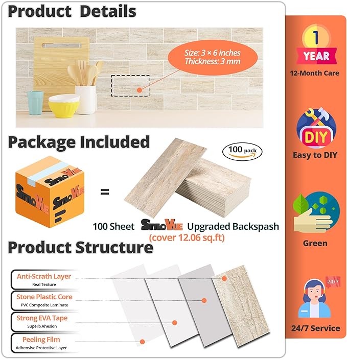 StyloVue 100 Pieces Peel and Stick Backsplash