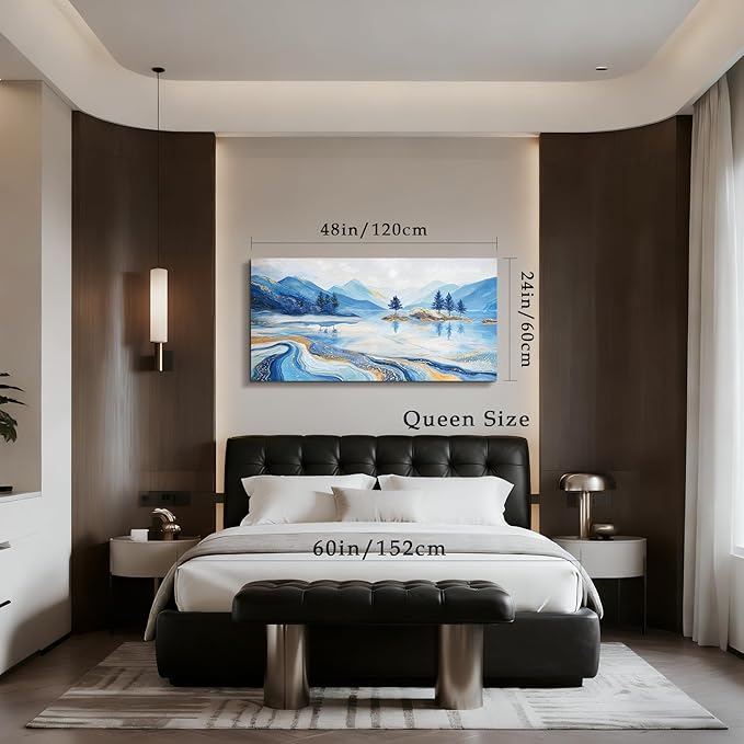 SERIMINO Landscape Wall Art, Large Abstract Wall Art, Modern Art Wall Decor, Mountain Lake Canvas Prints, Blue and Gold Pictures for Living Room Bedroom Office Hallway House Decorations 24"x48"