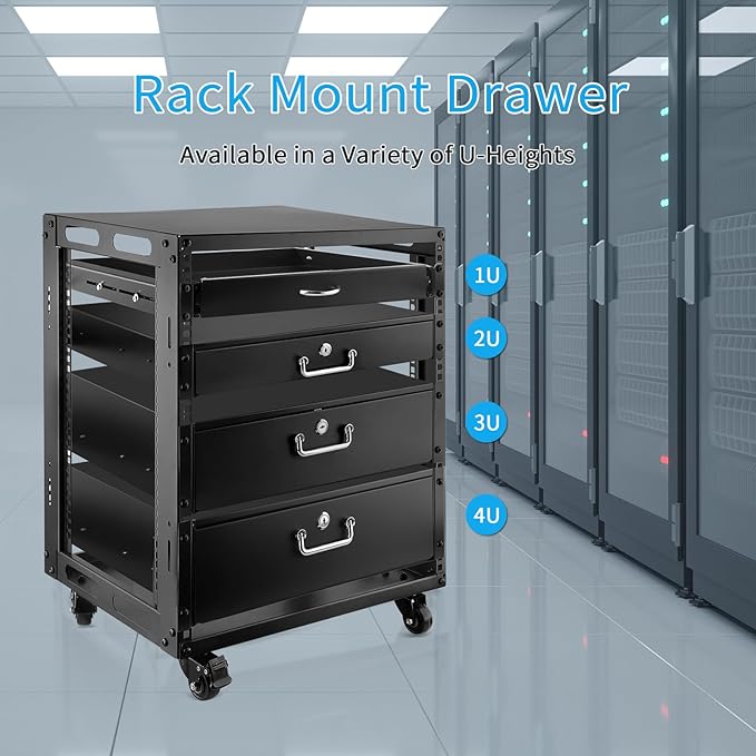 3U Rack Drawer, Rack Mount Drawer Designed for 19-inch Network Equipment, Servers, AV Racks, or Cabinet Enclosures. Sliding and Lockable Server Rack Drawer Features Cable Management Holes