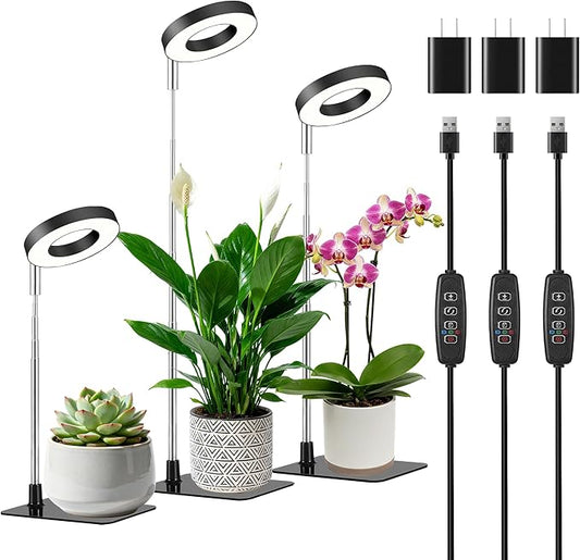 Black 3.54" LED Grow Light, Full Spectrum Plant Lights for Indoor Growing with 3/9/12H Timer, 3 Color Modes, 10 Brightness, Height Adjustable, Small Halo Grow Light with Base, 3 Pack