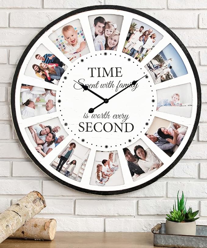 12 Photo Collage Family Wood Wall Clock, Rustic Farmhouse Wall Clock, Large