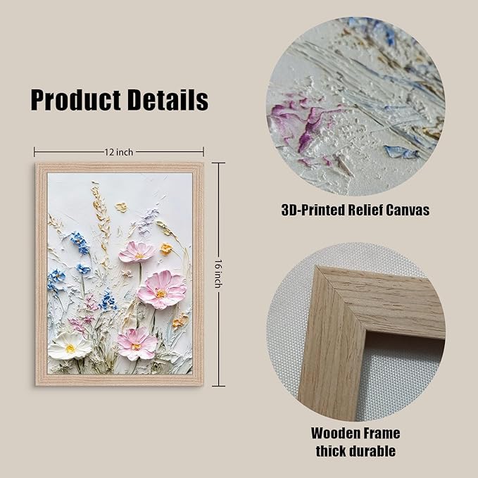 Framed 3D Floral Texture Canvas Wall Art Relief Textured Floral Oil Painting