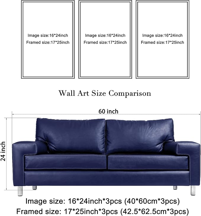 Wieco Art Framed Wall Art 3 Panels Blue Beach Canvas Art