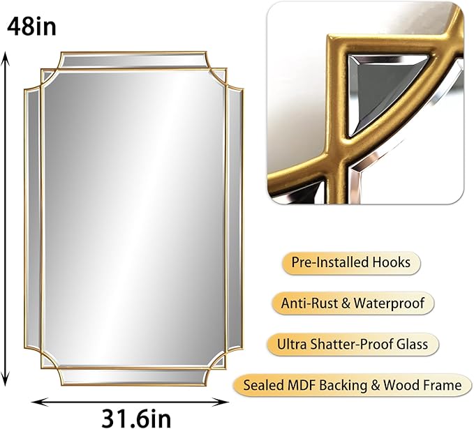 HQiJun Gold Mirror for Wall, Polished Bevelled Rectangle Mirror, Modern