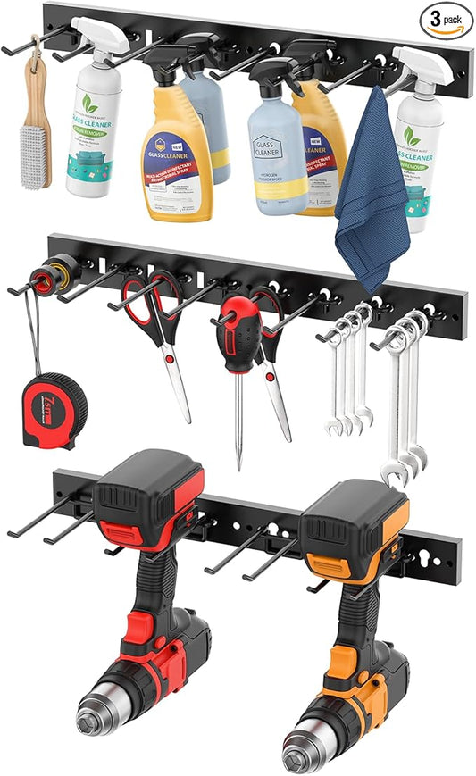 CCCEI 3 Modular Pegboard Strip Storage, Metal Peg Slat Wall Mount for Garage, Basement, Garden, Laundry Room Organization. Flexible Tool Organizer for Rake, Shovels, Crafting. Gifts for Men, Black.