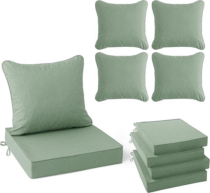 Summsun Outdoor Cushions for Patio Furniture, Faux Linen Water Resistant Backrest and Deep Seat Cushion Set with Removable Cover, Ties, Non-Slip Bottom, 22 x 22 Inch, Sage Green, Set of 4