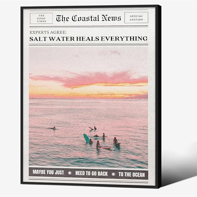 Pink Beach Newspaper Posters Vintage Fashion Coastal Girl Surf Wall Art 08x10