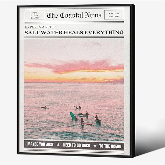 Pink Beach Newspaper Posters Vintage Fashion Coastal Girl Surf Wall Art 08x10