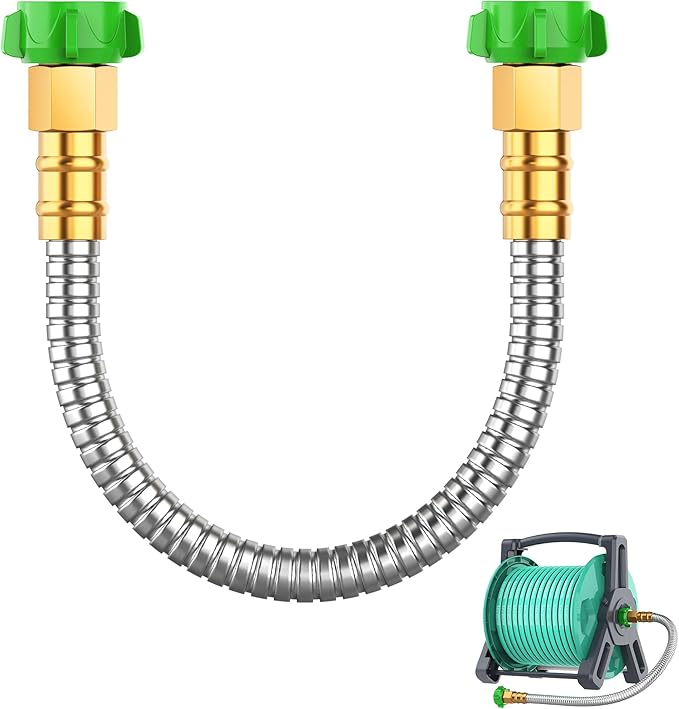 Short Metal Garden Hose 2 ft with Female to Female Connectorï¼ Stainless Steel Small Leader Hose for Hose Reel, Long, Flexible, Lightweight & Heavy Duty Water Pipe, Outdoor Water Hose Extension Adapter