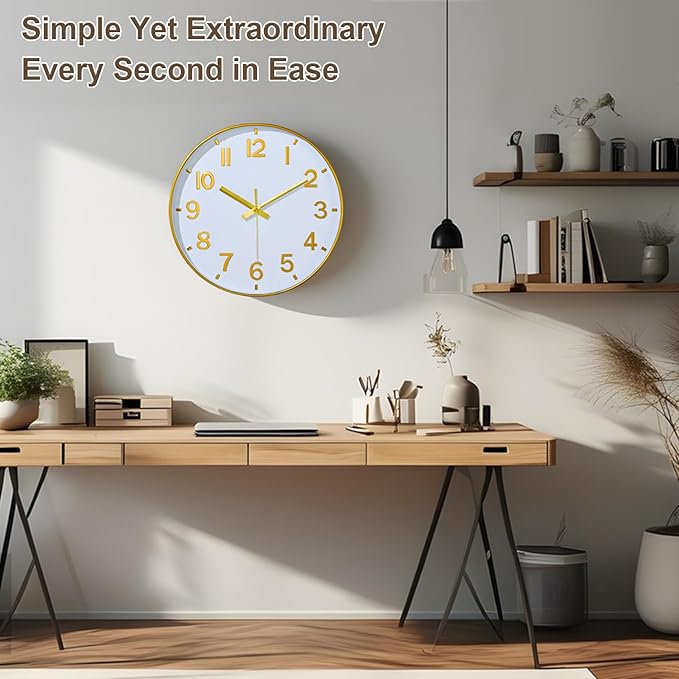 Gold Wall Clocks Battery Operated, 12 Inch Non Ticking Digital Wall Clock