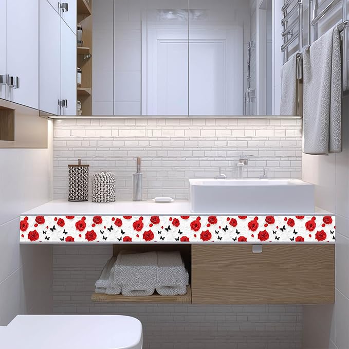 IVN Red Rose Black Butterfly Peel and Stick Wallpaper Border 4 x 196 Inch Self