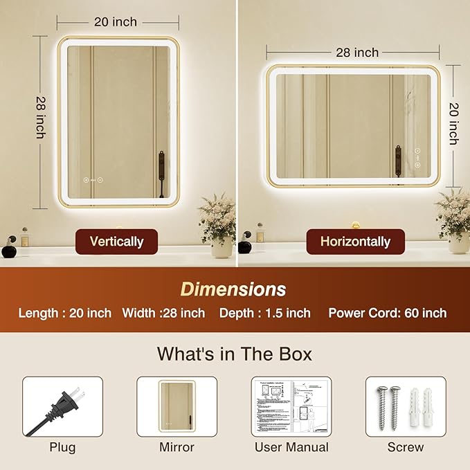 20x28 Inch Gold Framed LED Bathroom Mirror
