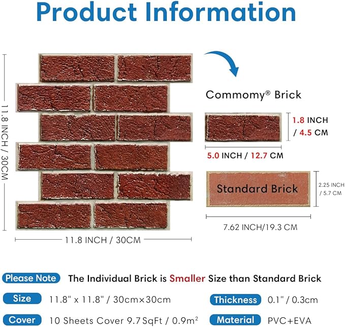 COMSTICKC 3D Faux Red Brick Wall Panels Peel and Stick Wall Sticker, Small Size