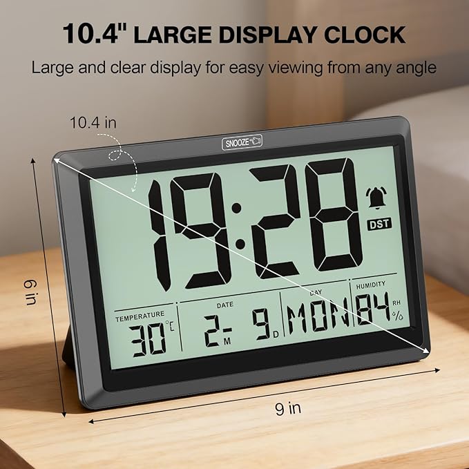 XREXS 10.4 Inch Digital Wall Clock, Battery Operated Large Display Clock