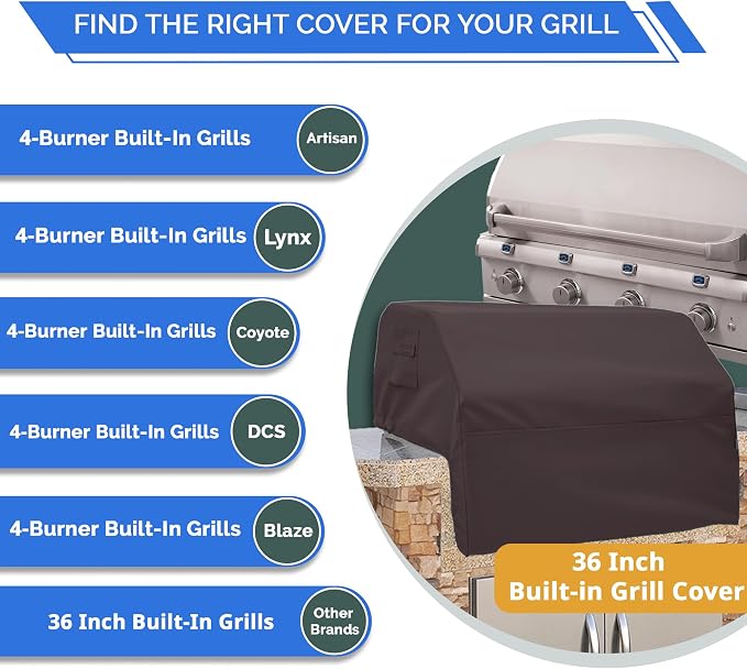 Covers & All Built-in Grill Cover for Outdoor Grill – Heavy Duty 12 oz Waterproof Built-in BBQ Grill Cover, PVC-Coated Polyester with Elastic Hem for Snug Fit (36 x 26 x 14 inches, Coffee)