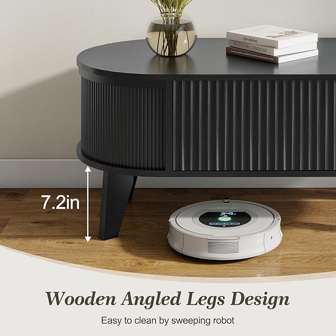 LYNCOHOME Fluted Lift Top Coffee Table with Storage,Modern Oval Coffee Table for Living Room or Home Office(Black)