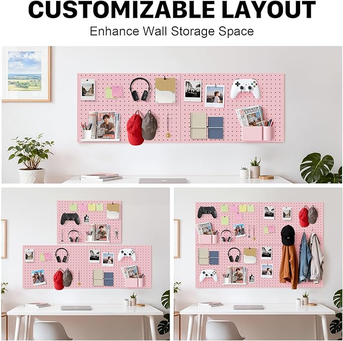 Peg Board, 4 Pack Metal Pegboard Panels Pink Pegboards Wall Organizer
