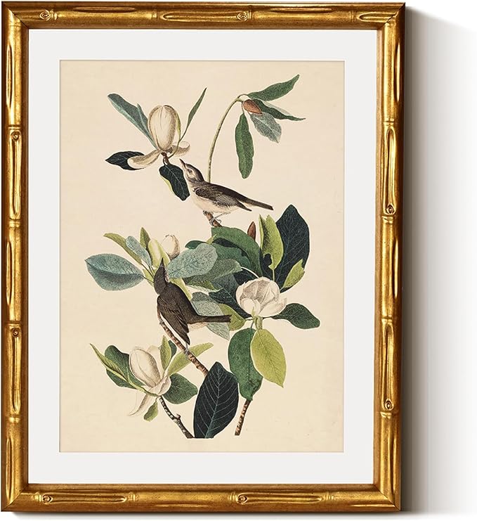 InSimSea Gold Bamboo Framed Canvas Wall Art, Neutral Bird Botanical Paintings
