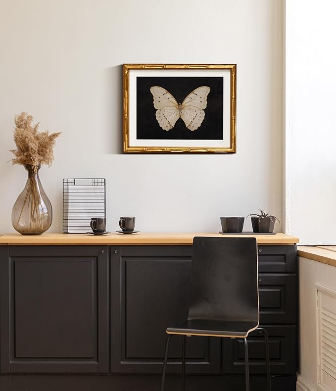 InSimSea Gold Bamboo Framed Canvas Wall Art, Retro White Butterfly Animal