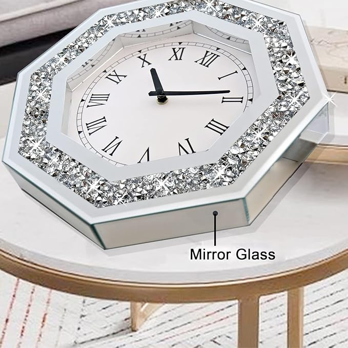 Wall Clock, Octagon Mirror Glass Clock, Cute Diamond 20-inch Non-Ticking Clock