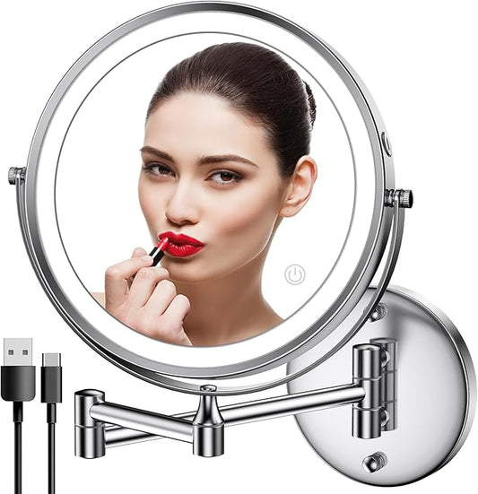 Rocollos Rechargeable Wall Mounted Lighted Makeup Mirror, 8 Inch Double-Sided