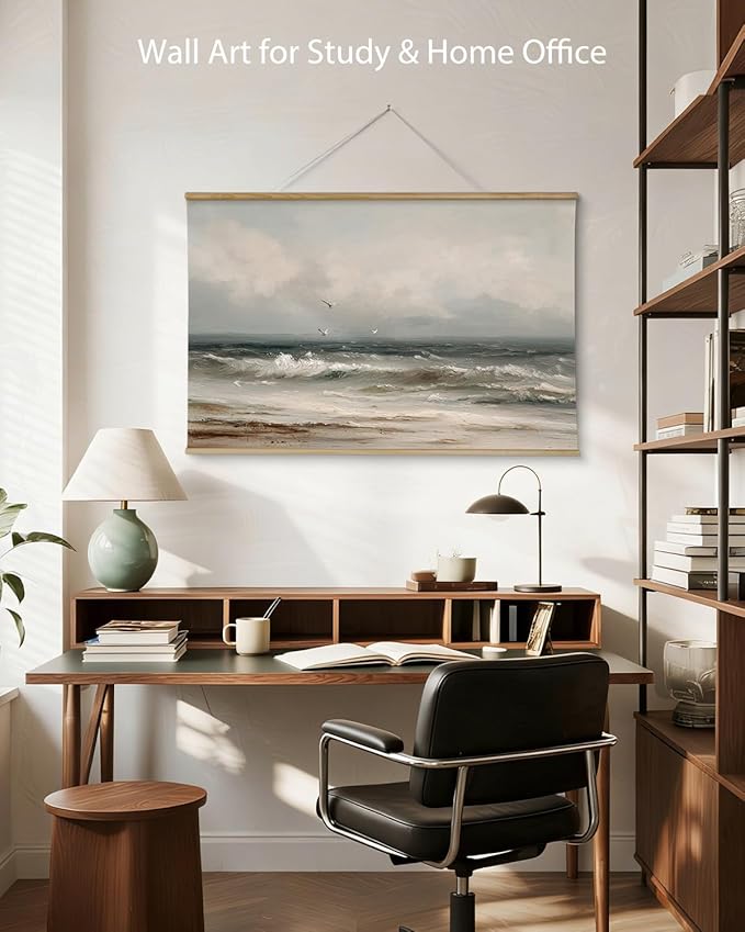 ARPEOTCY Extra Large Vintage Framed Wall Art, 36x54 Inch Coastal Ocean Gulls and the Sea Hanging Canvas Prints Scroll Wall Art Decor for Living Room Bedroom, Retro Scenery Pictures Above of Bed