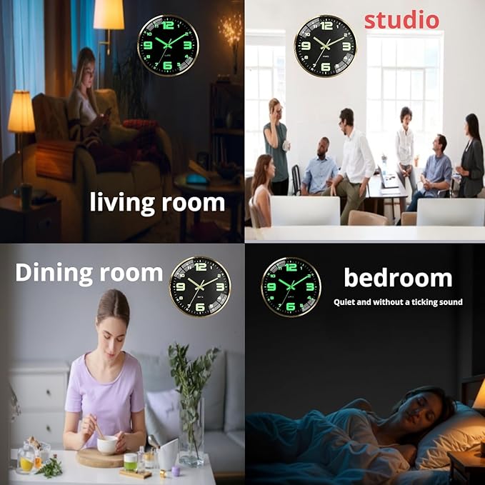 12-inch wall clock, powered by AA batteries, silent operation, large font