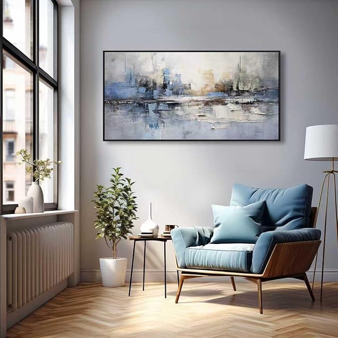 Abstract Wall Art Blue and White Reflection Large Size Framed Artwork Wall