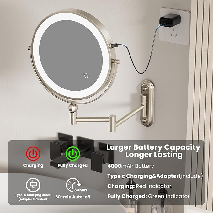 9" Wall Mounted LED Lighted Makeup Vanity Mirror - 4000mAh Rechargeable Double