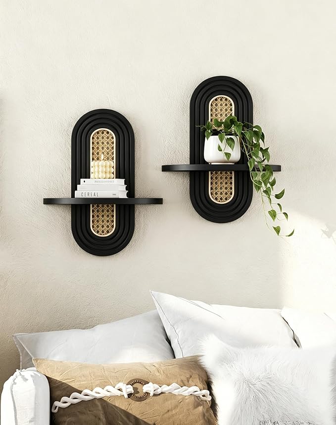Floating Shelves for Wall, Boho Home Wall Decor, Rattan Plant Shelf Set of 2