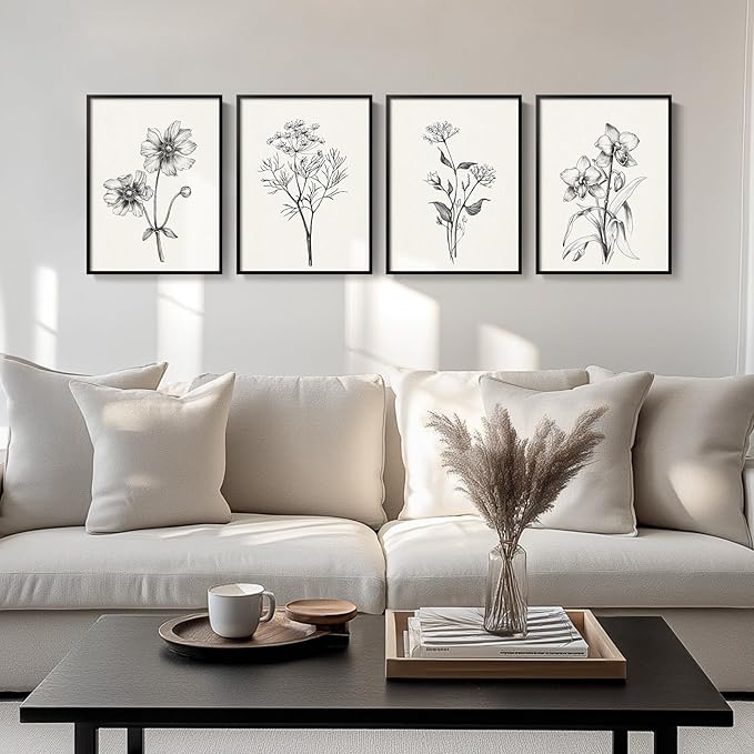 Framed Black and White Floral Wall Art