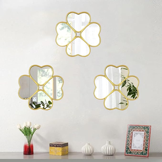 Small Decoritive Heart Wall Mirrors Set of 3, Decorative Four-Leaf Clover Mirror