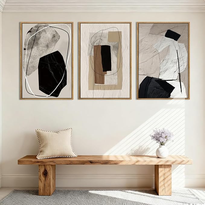 Anyzal Extra Large Abstract Neutral Framed Wall Art 24x36 Inch Black Modern Canvas Wall Decor Tan Grey Minimalist Artwork for Living Room Dining room Bedroom Set of 3