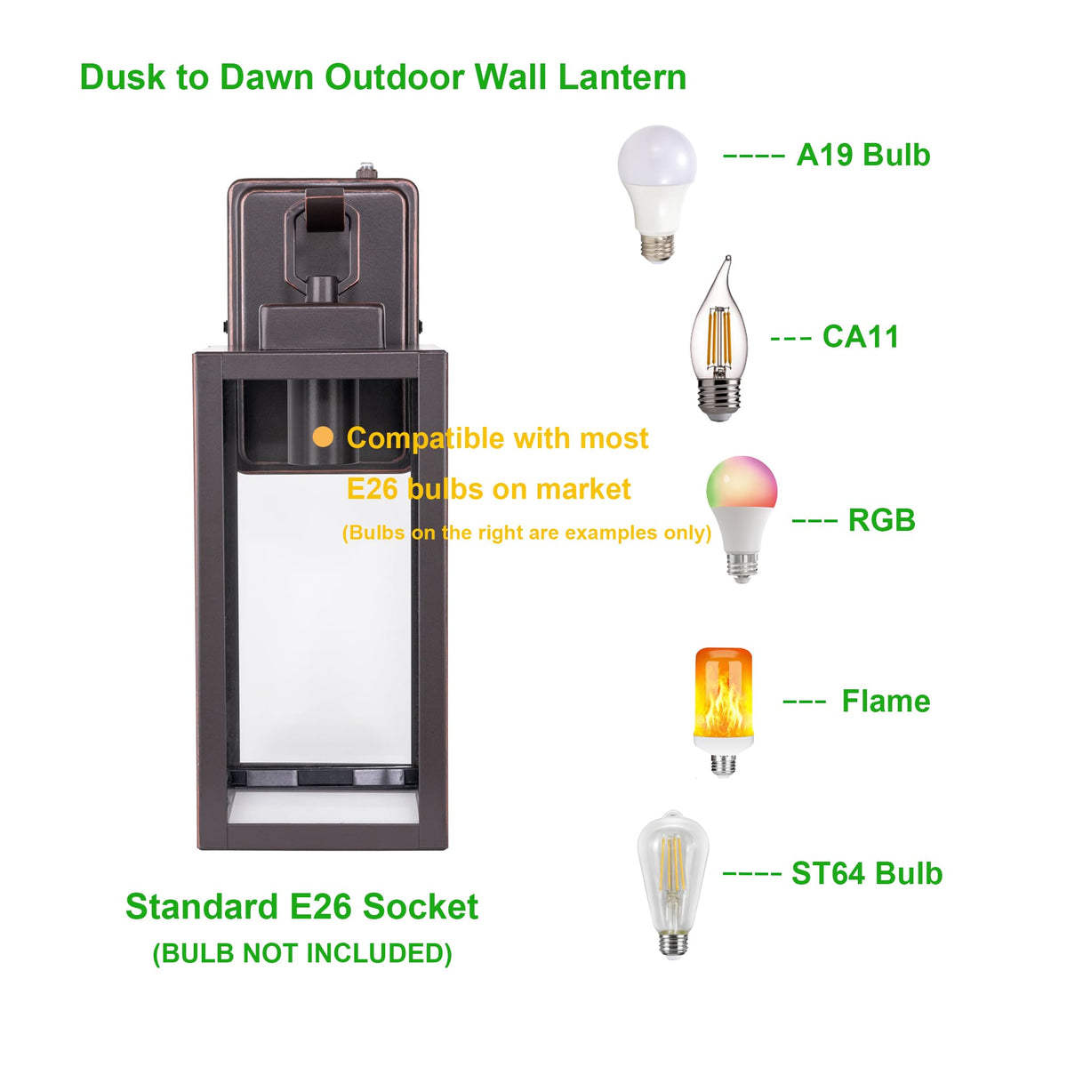 LIT-PaTH Outdoor Wall Lantern Sconce, Dusk to Dawn, Anti-Rust Metal, Glass Shade, 2-Pack, Oil Rubbed Bronze, E26 Base, Max 60W