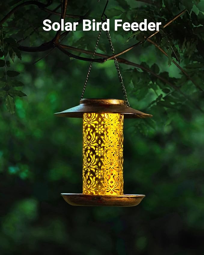 SWEETFULL Solar Bird Feeder for Outdoors Hanging, Metal Wild Bird Feeder for Cardinals Solar Garden Lantern with S Hook as Gift Ideas for Bird Lovers (2LBs Heavy Duty Weather Resistance birdfeeders)