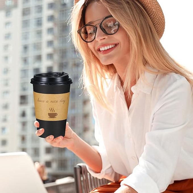 Lamosi 16 OZ Coffee Cups 500 Pack with Lids, Stir Sticks and Sleeves, Disposable Hot Paper Cup for Home, Travel, Office