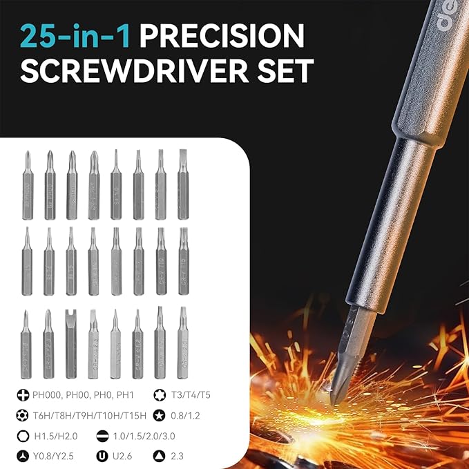 Deli 25-in-1 Precision Screwdriver Sets Magnetic Mini Repair Tool Kit for Home, DIY, Computer, Controller, Glasses, Drone, Watch, Phone, Pad, Switch, PS5, XBOX, Macbook, Electronic. Gift for man.