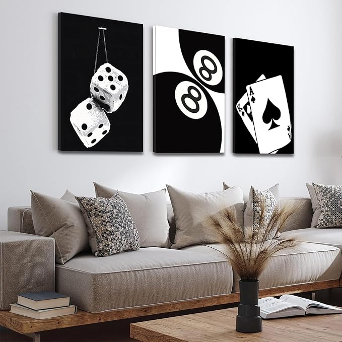 BOKPEN 3Pcs Black and White Poker Dice Canvas Wall Art Lucky You Poster Prints