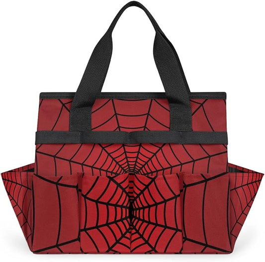 Gardening Tool Bag,Heavy Duty Garden Tote Bag,Portable Oxford Gardening Storage Basket Organizer Handbag with Pockets Handle,Hand Tools Gifts for Outdoor Garden Lawn Spiders Web Red
