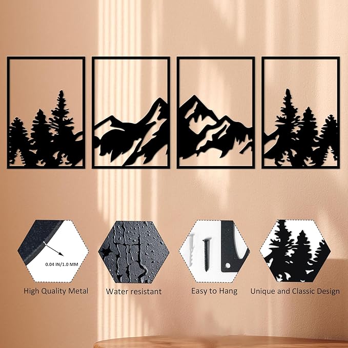ESTART 4 Pcs Metal Mountain Wall Art, Large Mountains Wall Decor, Mountain Rivers Decorative Painting Suitable For Living Room Bedroom Office Indoor And Outdoor (Large)