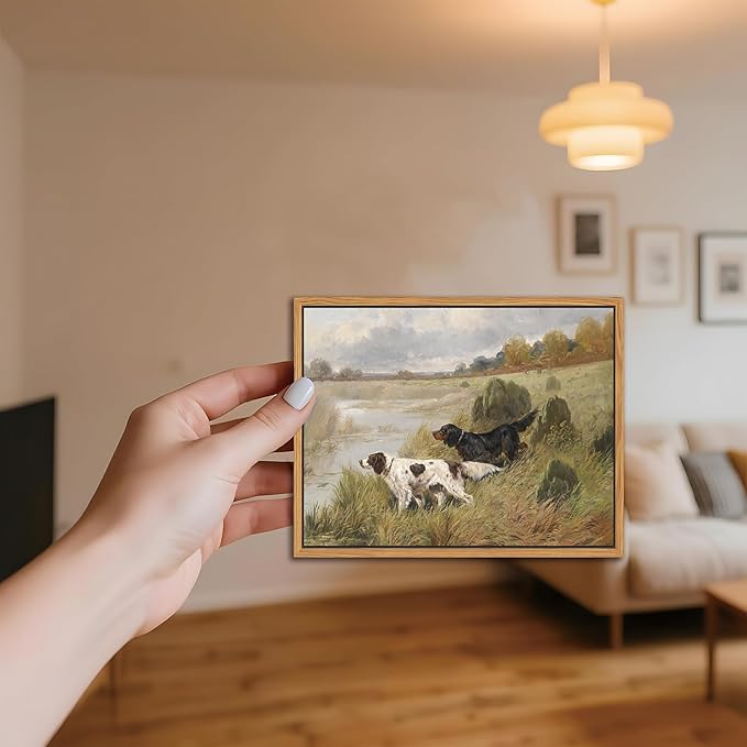 Floating Framed Vintage Hunting Dog Wall Art, Classic Countryside Landscape