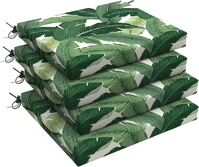 LVTXIII Outdoor Chair Cushions, Fade-Resistant Patio Furniture Cushions Outdoor Square Chair Pads with Ties for Dining Chairs and Garden Decoration, 18.5"x16"x2" Set of 4, Swaying Palms Green