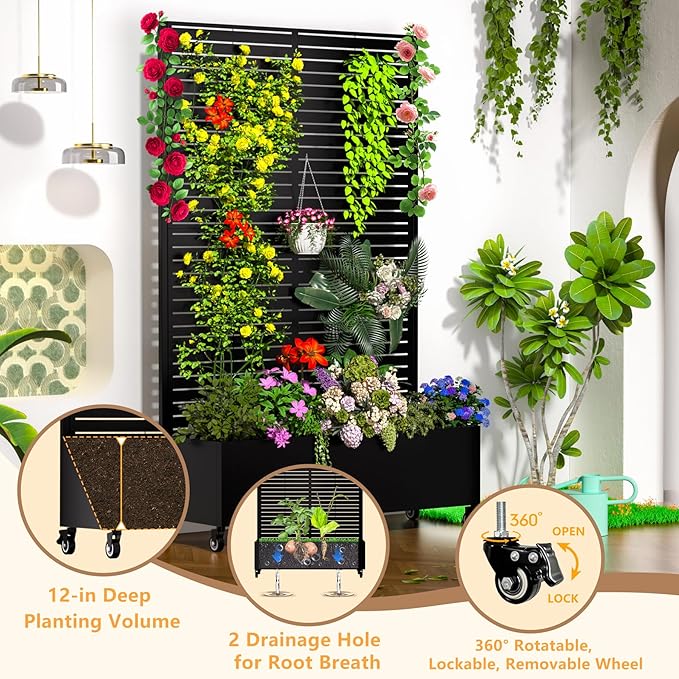 MTART Metal Planter Box with Trellis, 72.1"x47.2"x16" Outdoor Galvanized Raised