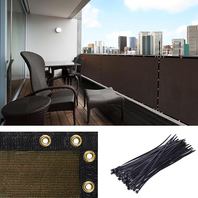 Amgo Custom Made 3' x 65' Brown Balcony Privacy Screen, Apartment Porch Railing Patio Fence Windscreen Fabric Cloth, Heavy Duty, Commercial and Residential, 90% Blockage (We Customize)