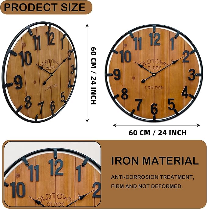 Large Farmhouse Rustic Wooden Wall Clock